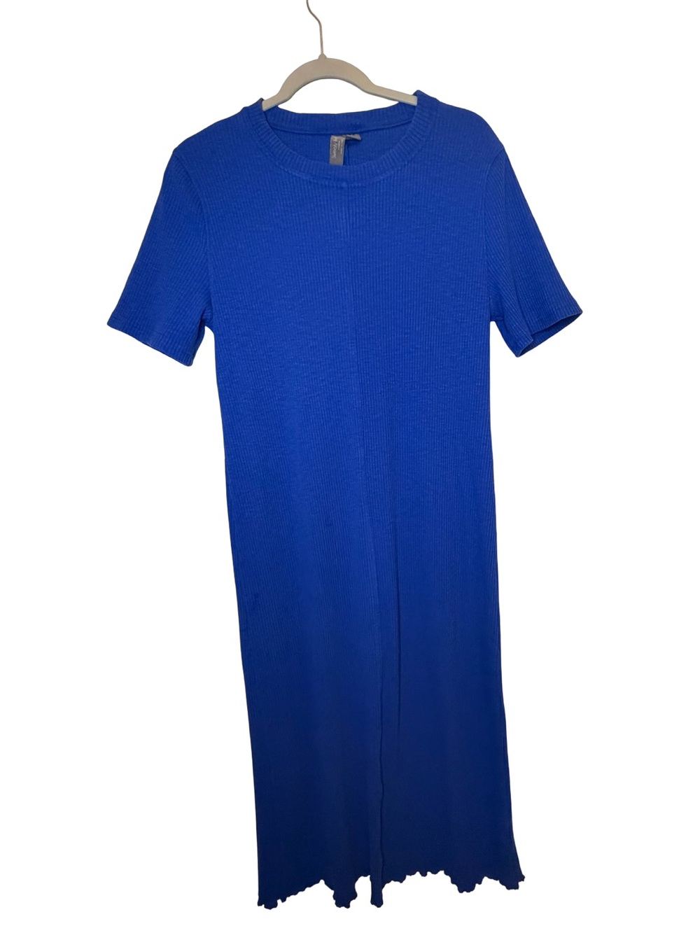 Sweaty Betty Ribbed Midi Dress Cobalt Blue Crew Neck Lettuce Hem Size XL - Picture 2 of 6